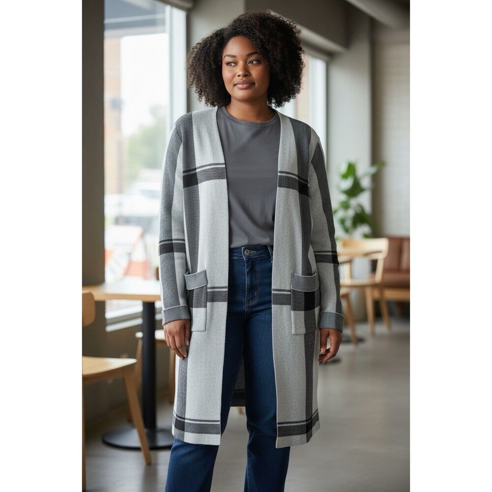 Women’s Elle Long Duster Cardigan With Pockets Size Large Open Front Gray/Black